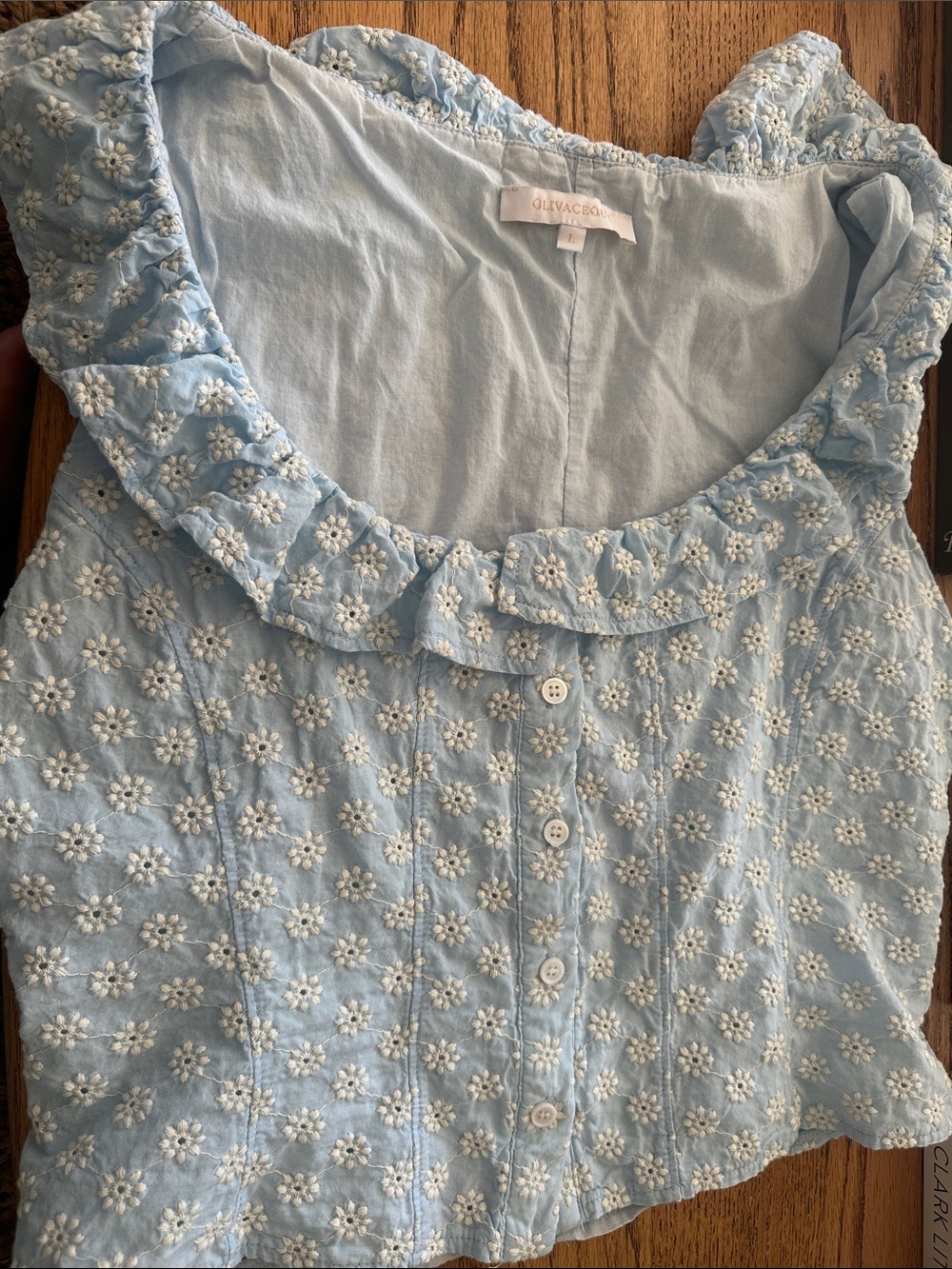 Olivaceous Light Blue Floral Eyelet Ruffled Crop Top